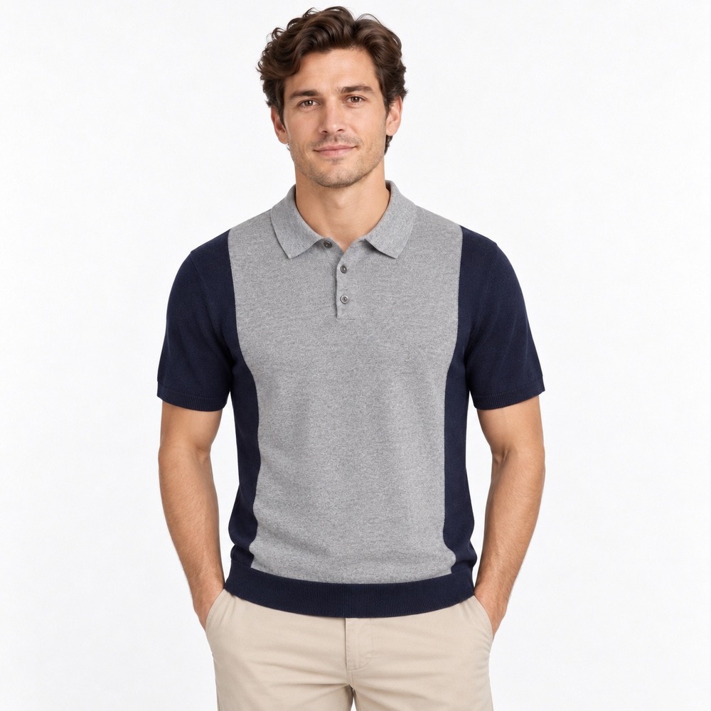 Banana Republic L Cotton Cashmere Polo Sweater Navy Gray Colorblock Preppy
